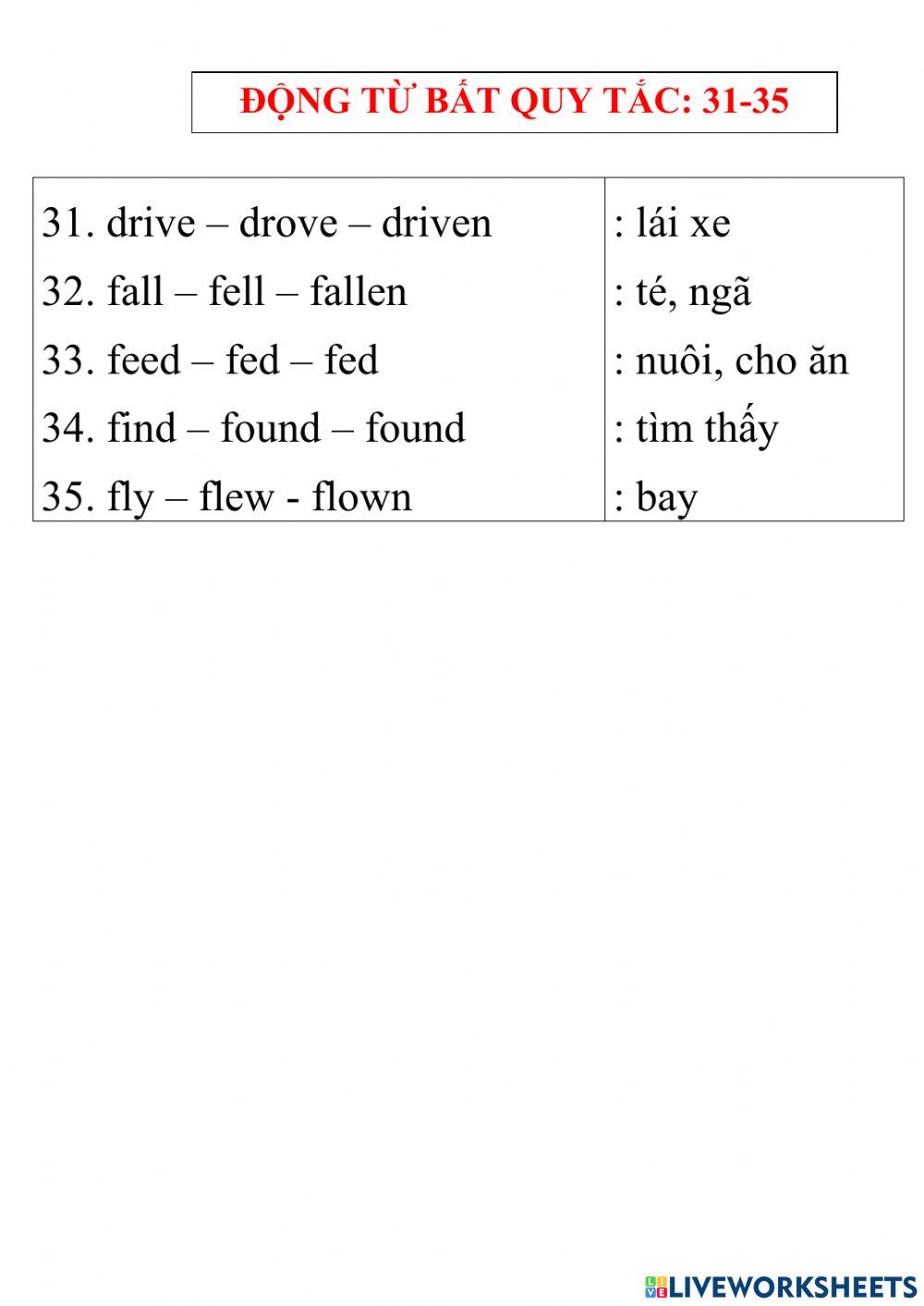 Động từ bất quy tắc 31-35