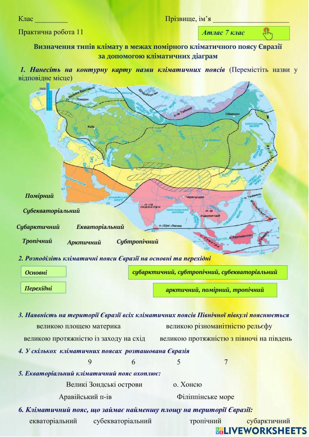 7 клас Визначення типів клімату в межах помірного кліматичного поясу Євразії  за допомогою кліматичних діаграм