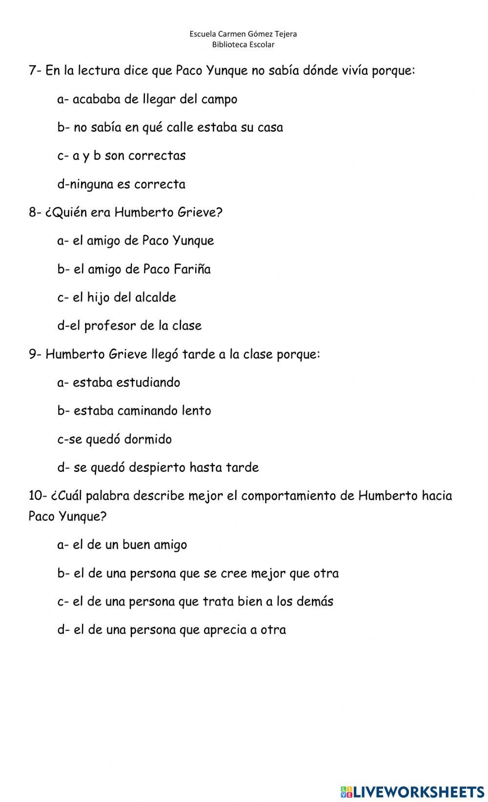 Paco Yunque ejercicio 2 vocabulario en contexto