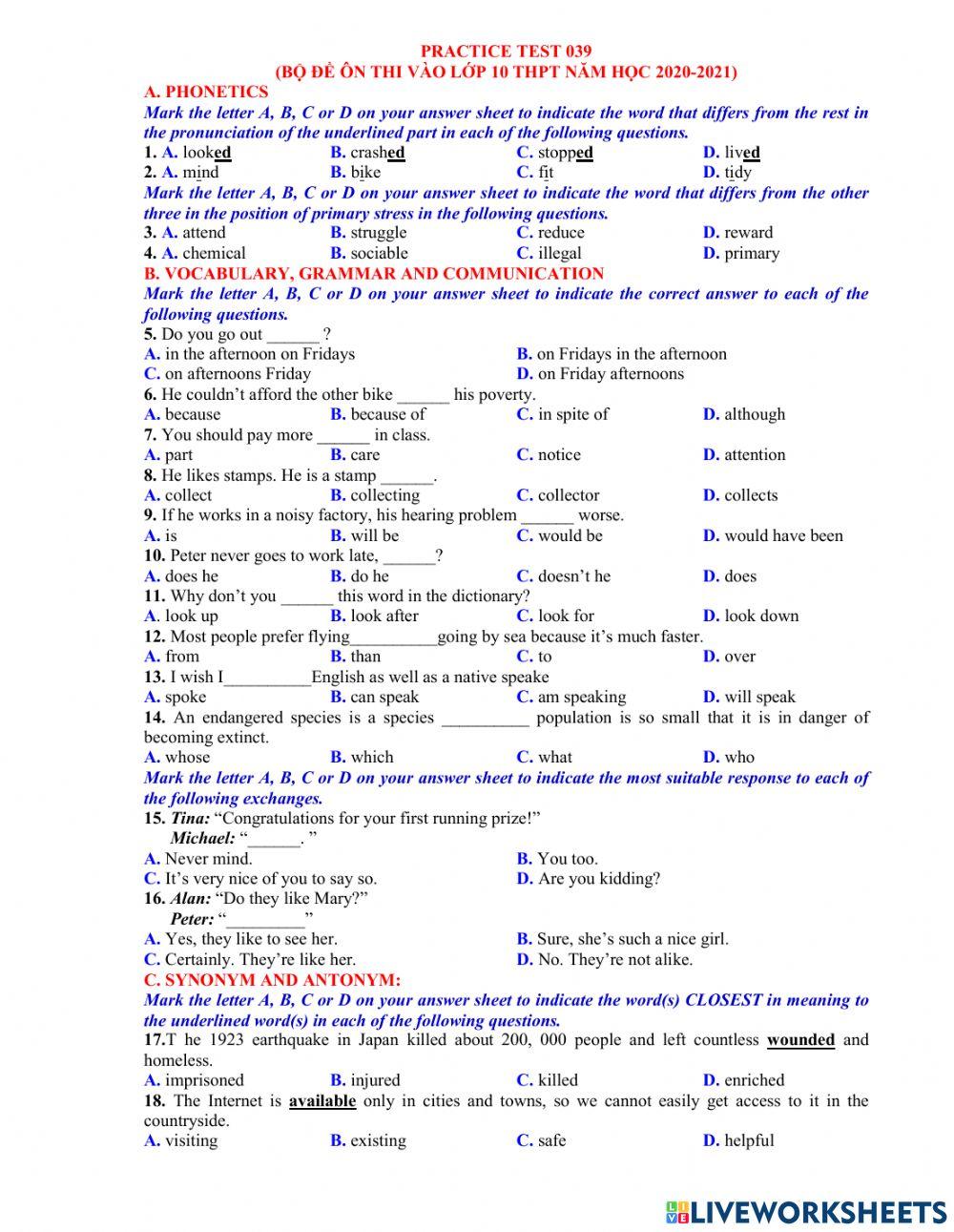 Ôn thi vào 10 - đề 39 40 tn