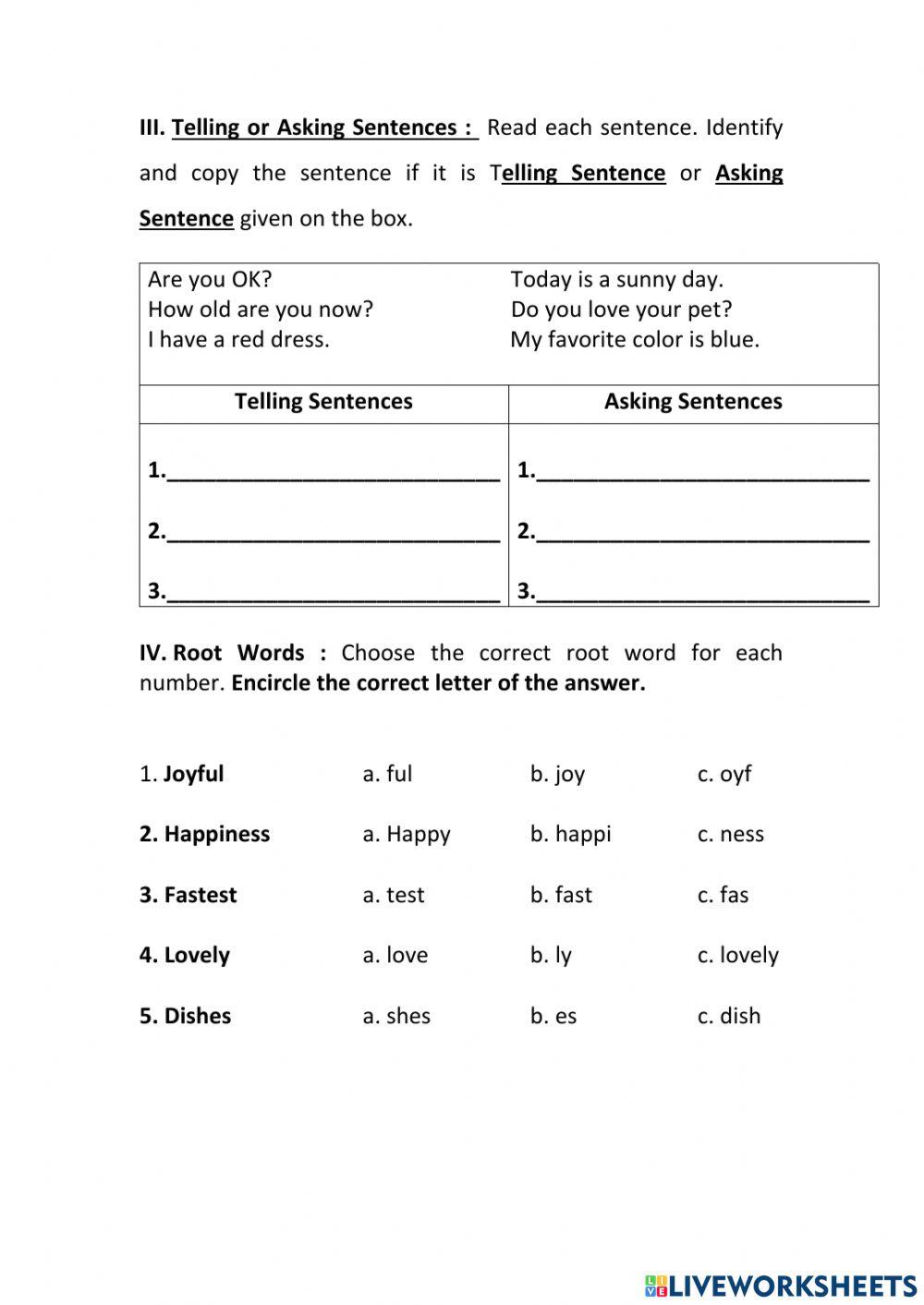 Sentence,Root word, compound word and Rhyming word