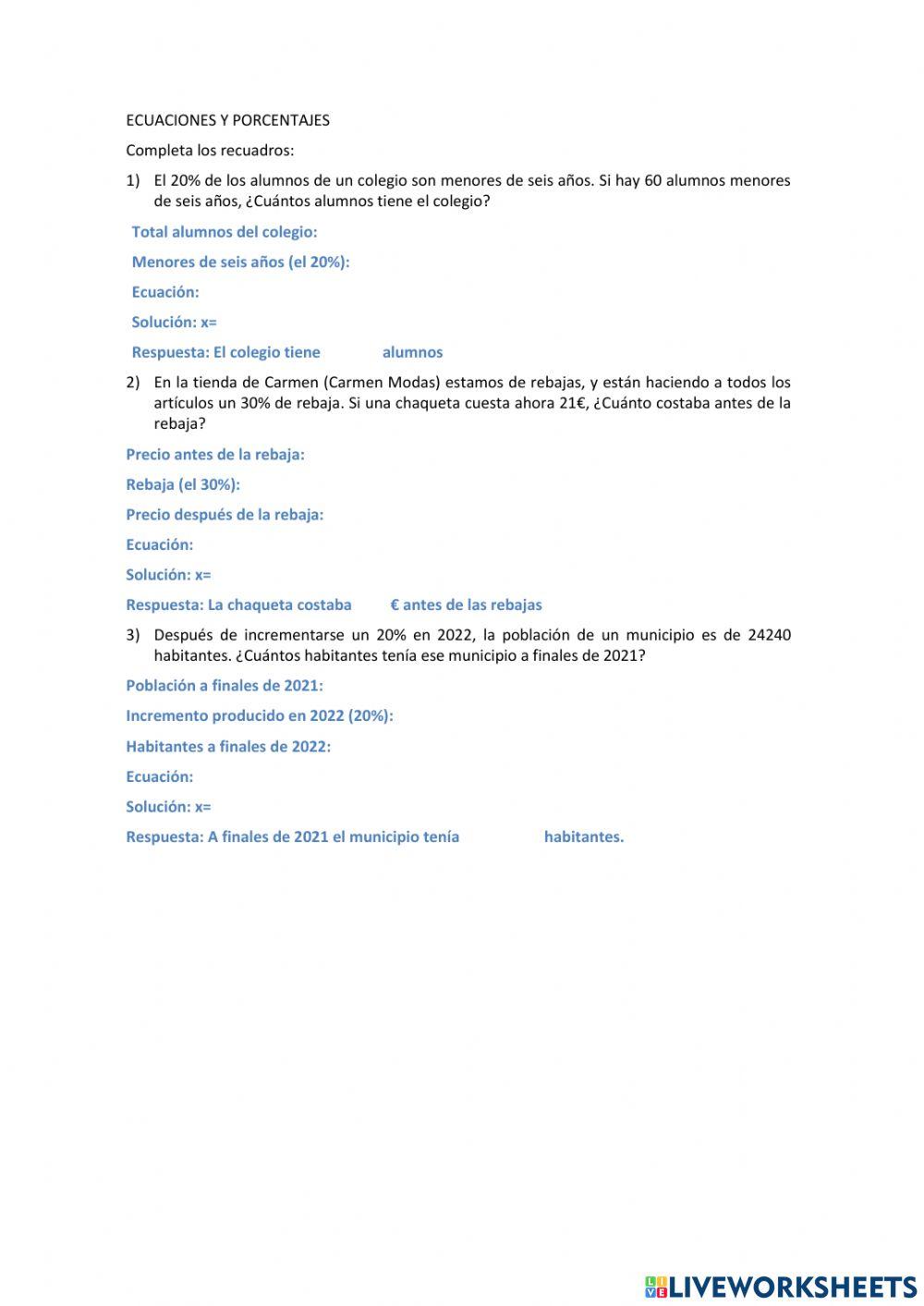 Ecuaciones y porcentajes