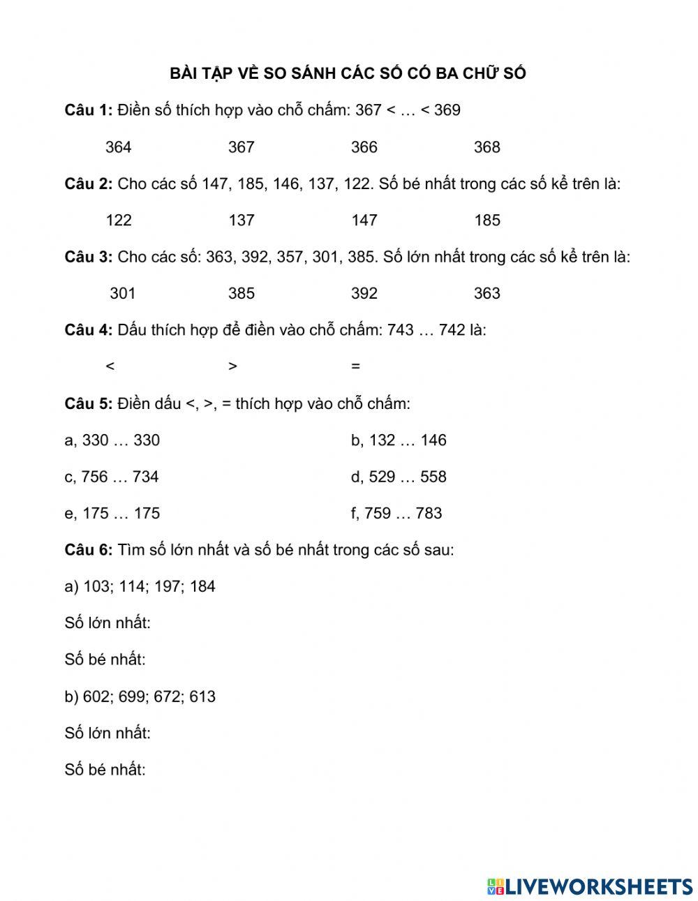 Bài tập so sánh các số có ba chữ số