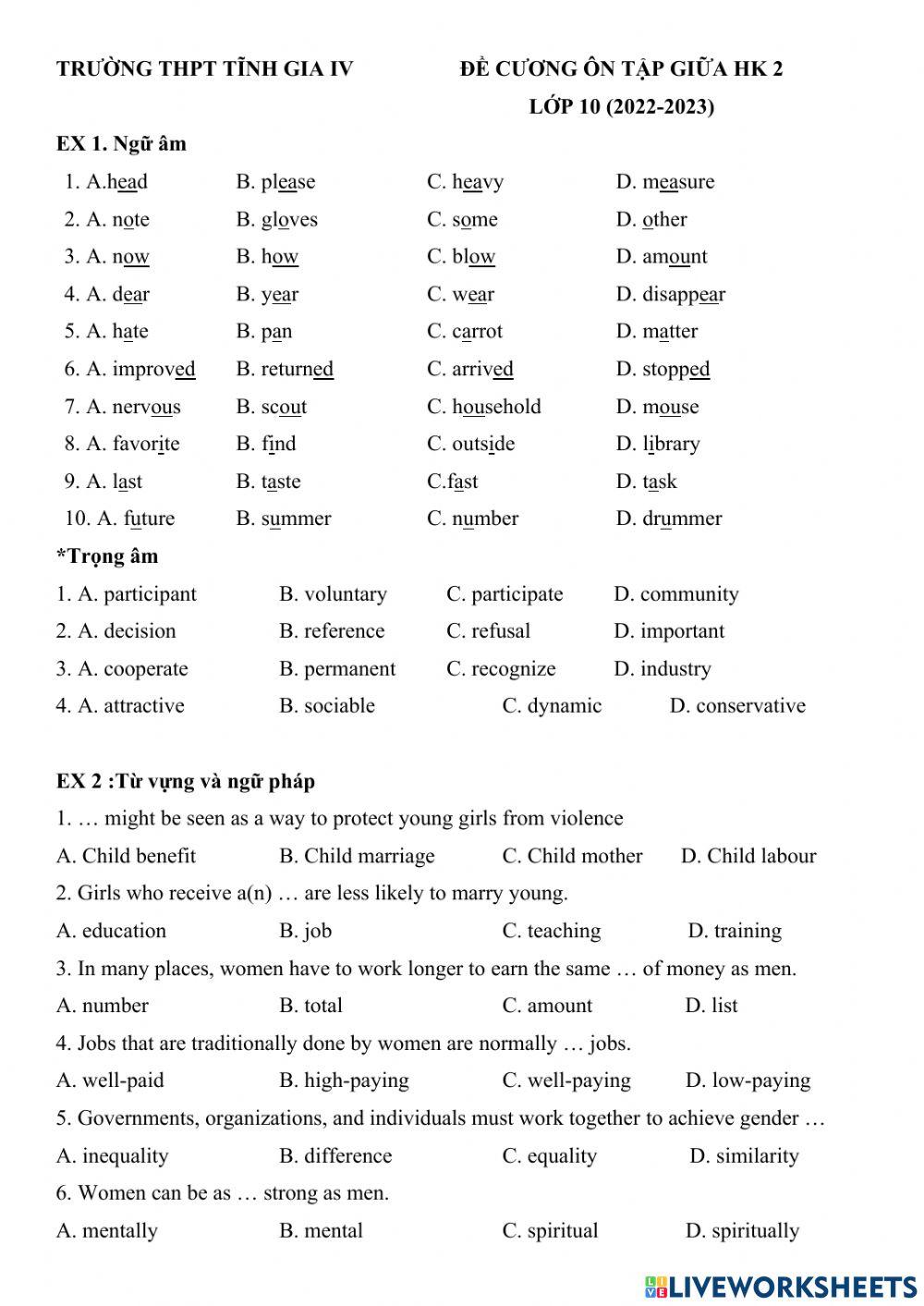 Đề cương giữa kỳ 2 - anh 10