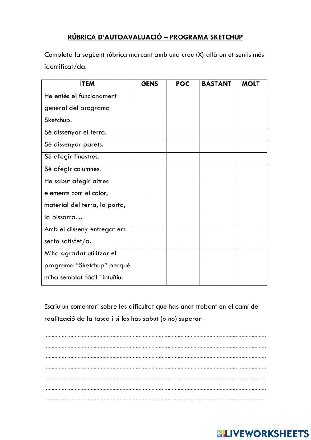 Rúbrica d'autoavaluació Sketchup