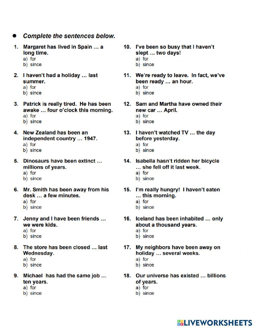 Present Perfect: for and since