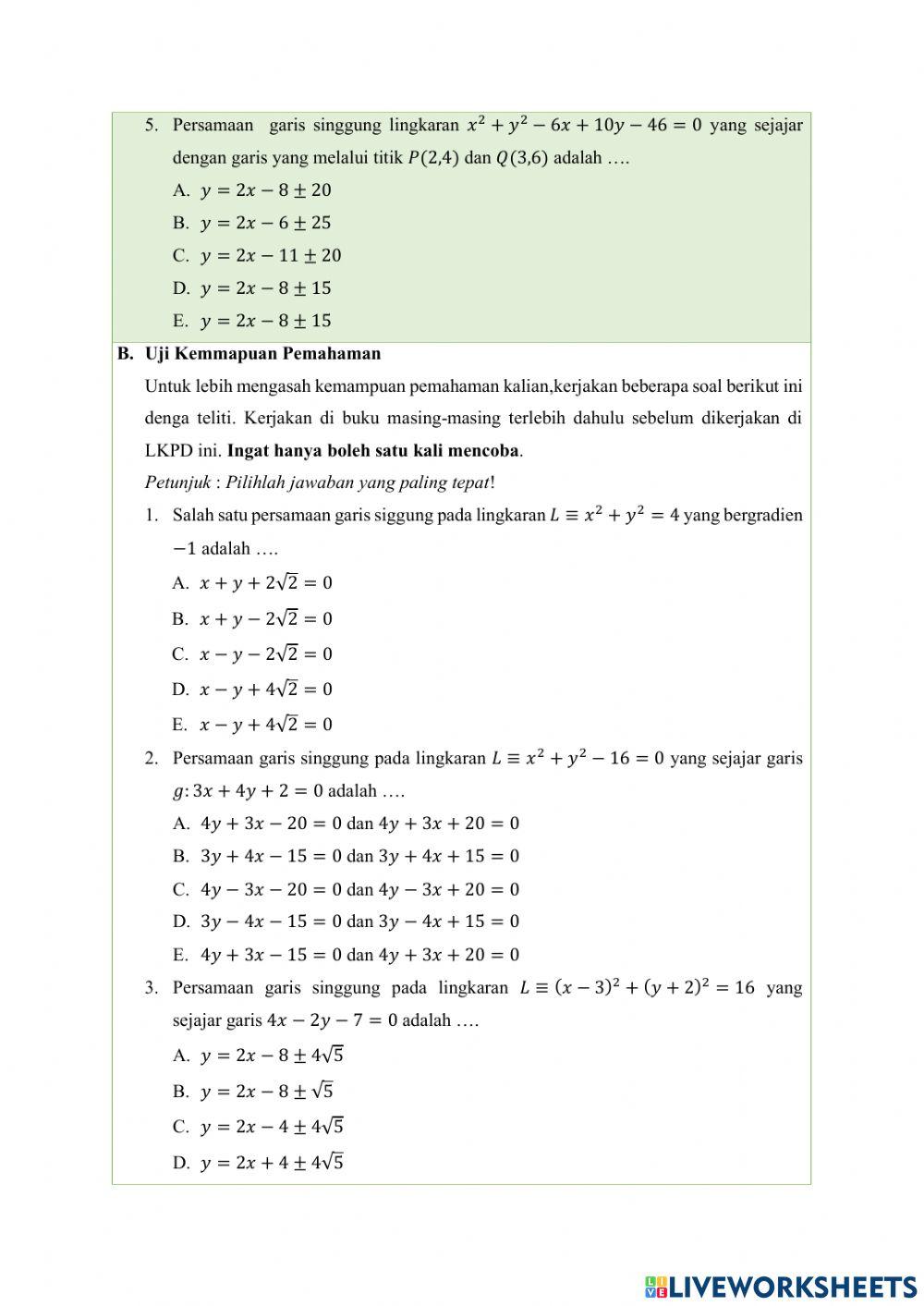 LKPD Persamaan Garis Singgung Lingkaran dengan Gradien Tertentu