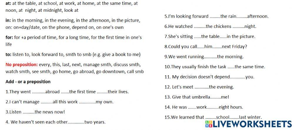 Prepositions in, at, to, on, for