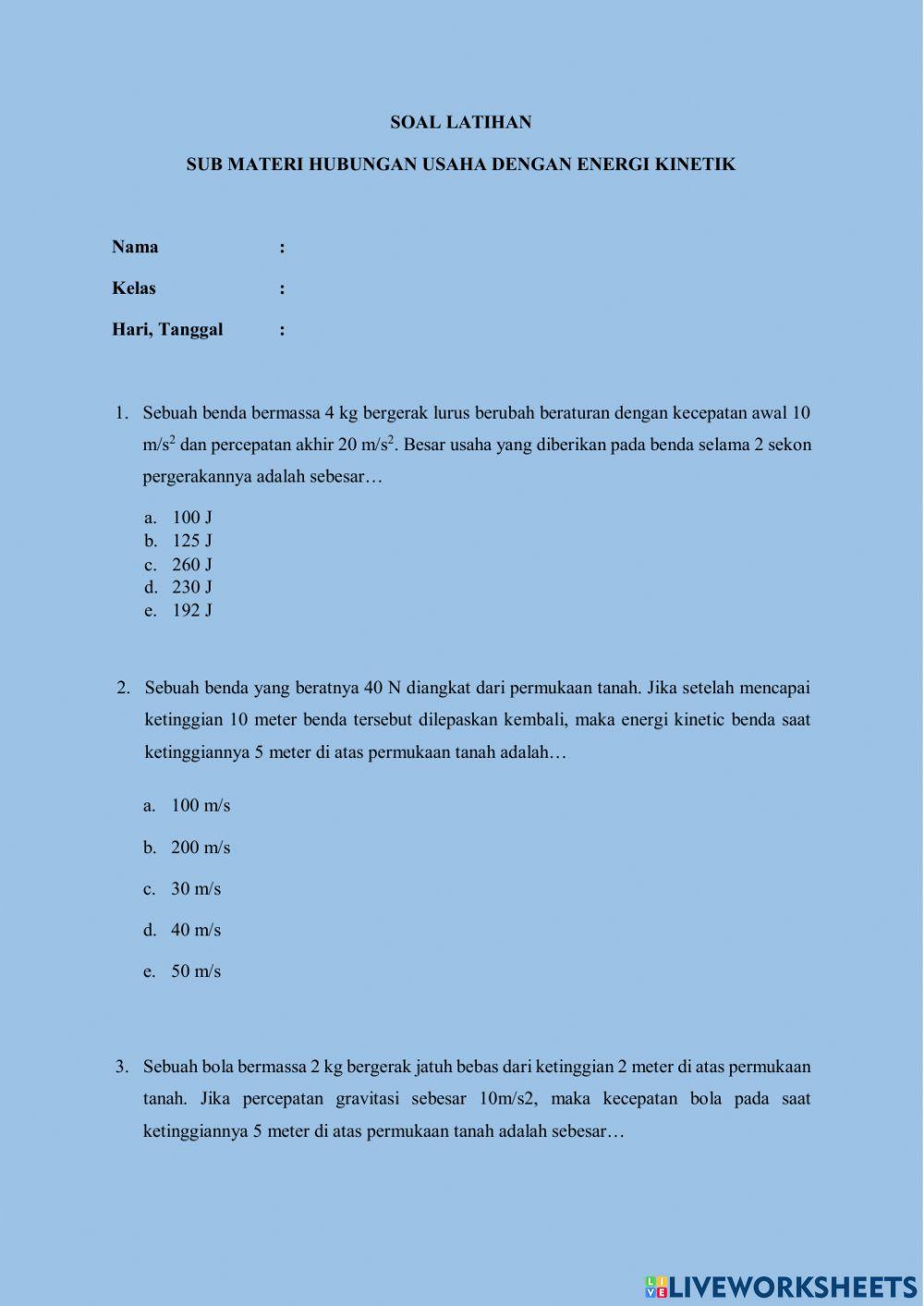 Soal latihan hubungan usaha dan energi kinetik
