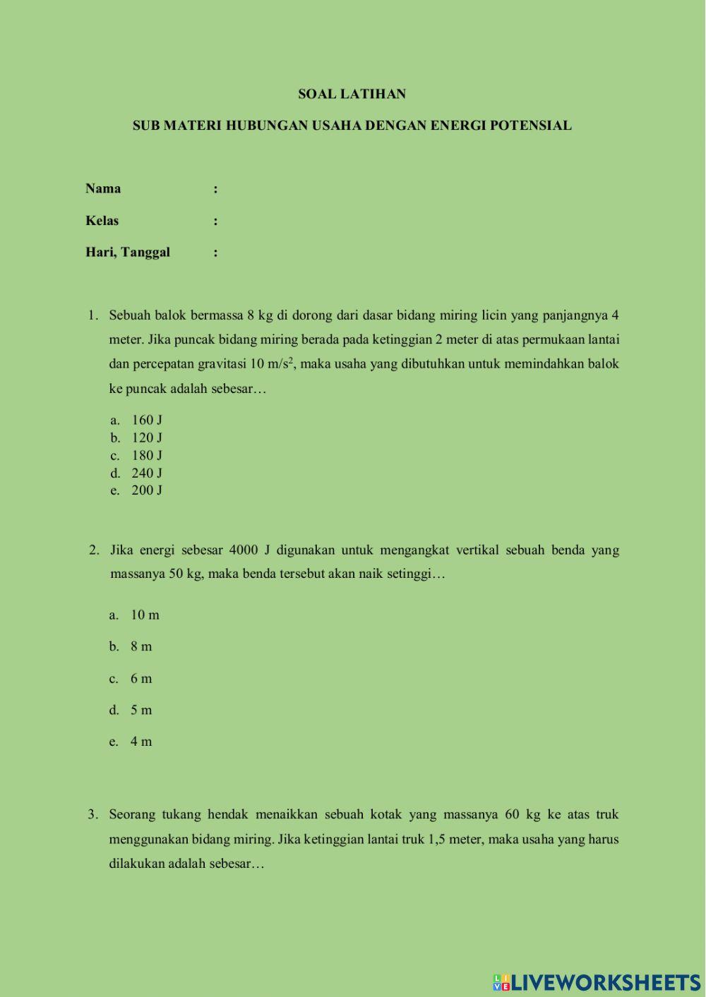 Latihan soal hubungan usaha dengan energi potensial