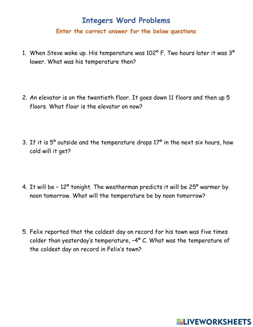 Integers Word problems online exercise for Live Worksheets