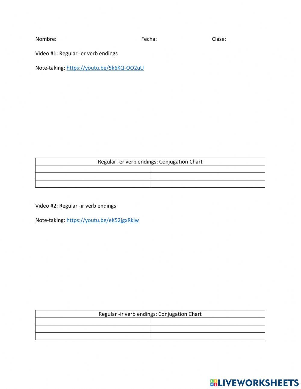 Regular er and ir verb endings