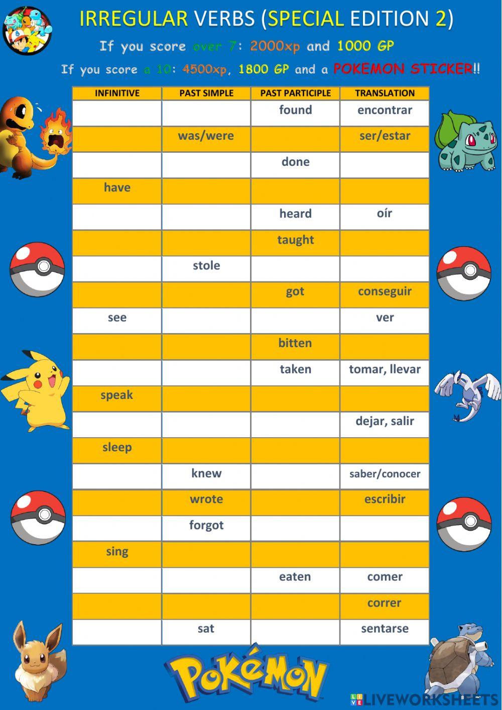 Irregular verbs test special edition (pokemon)