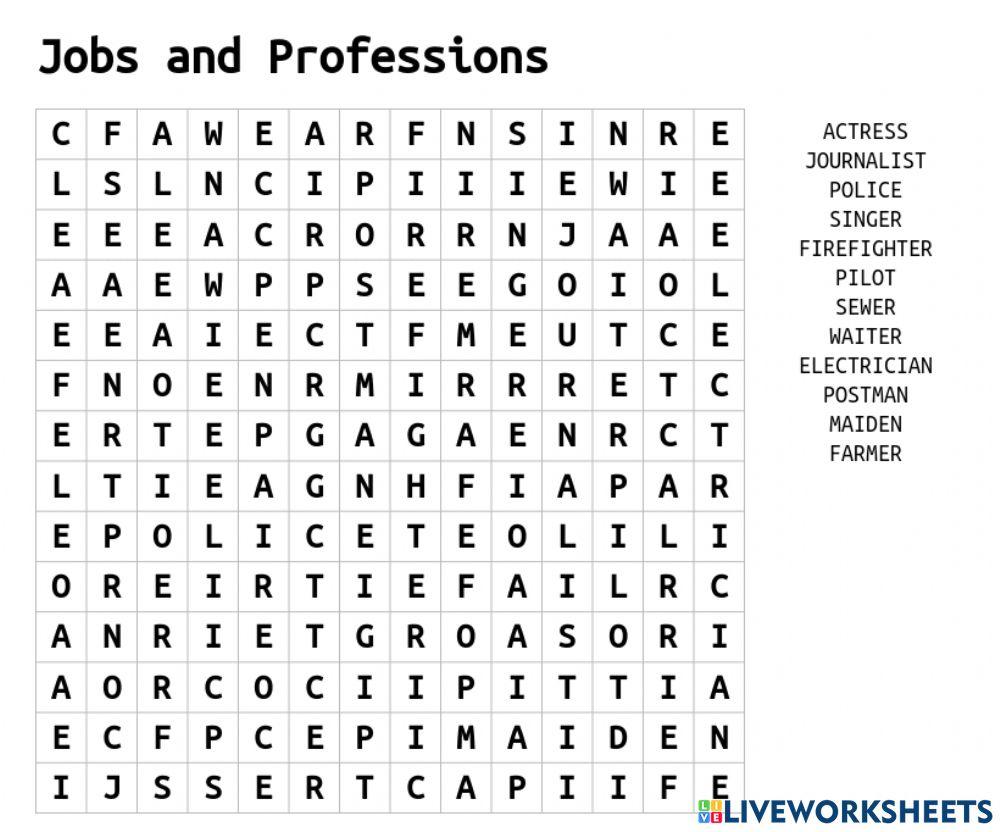 Jobs and Professions Wordsearch