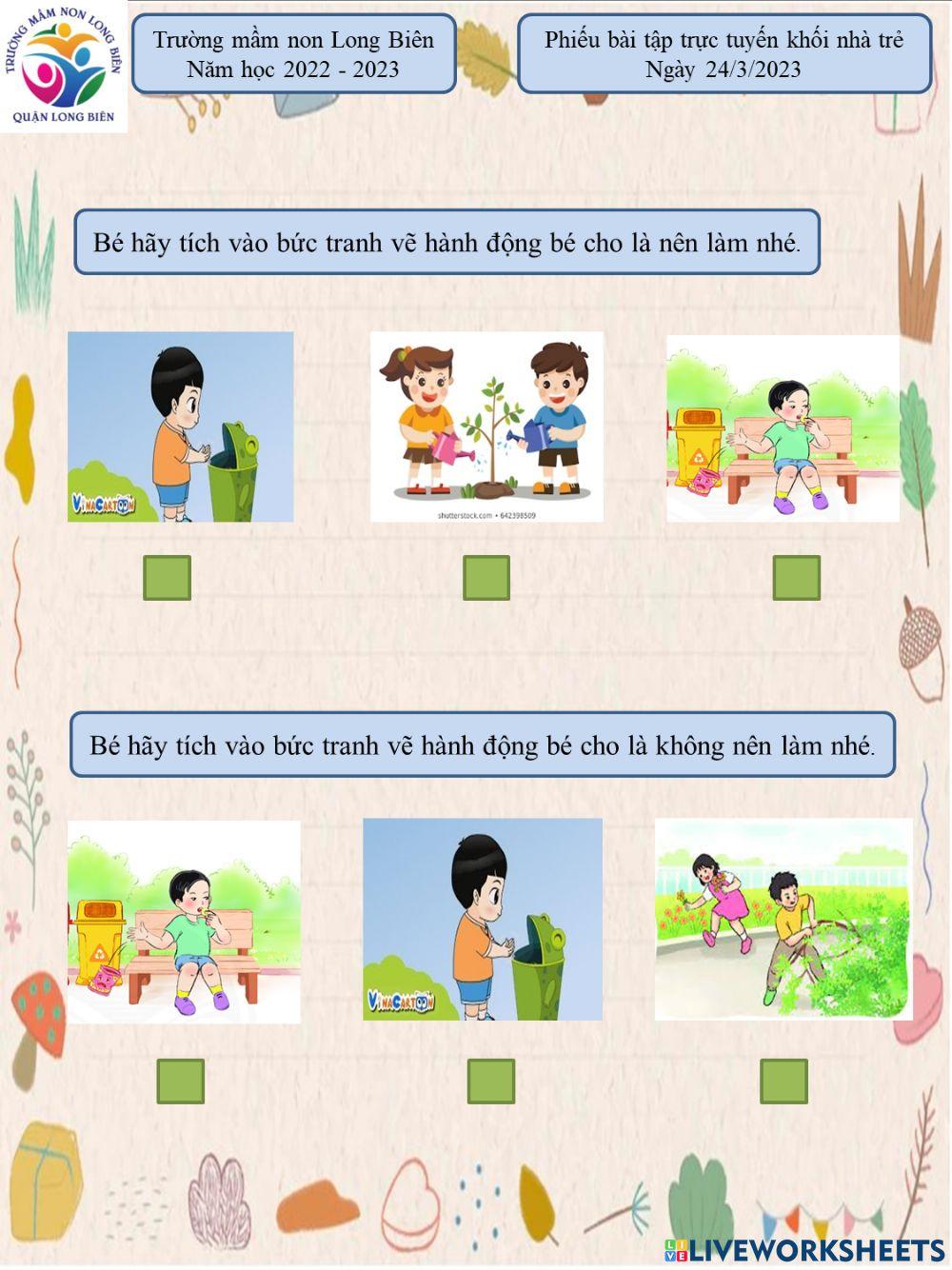 Phiếu bài tập trực tuyến khối nhà trẻ ngày 24-3-2023