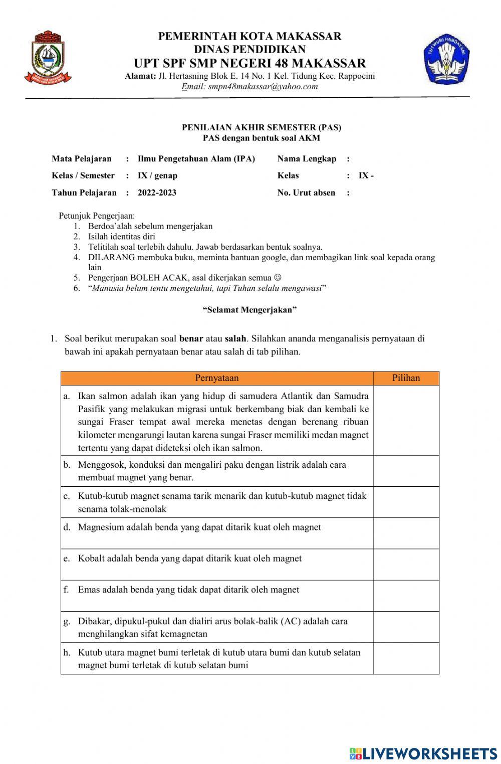 Penilaian Akhir Semester (PAS) genap kelas 9 UPT SPF SMPN 48 Makassar
