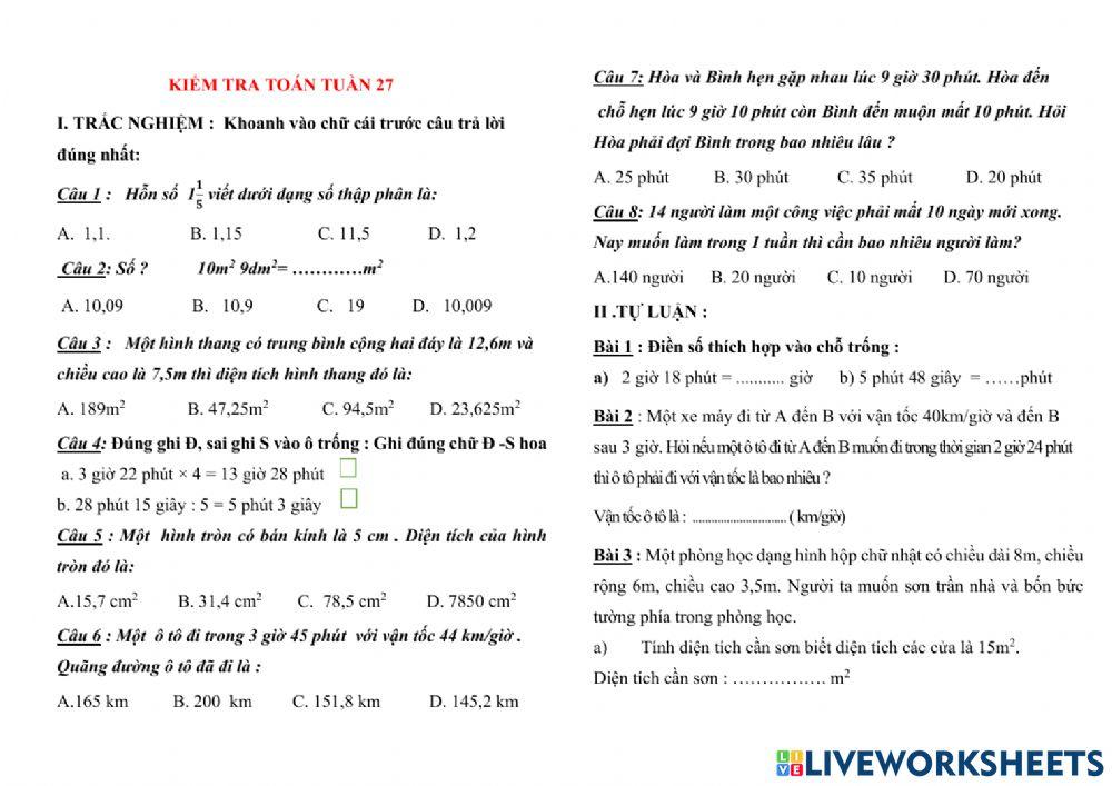 Thi giữa kì 2 Toán