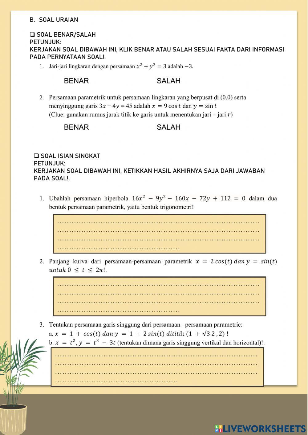 LKS INTERAKTIF IRISAN KERUCUT DAN PERSAMAAN PARAMETRIK MATEMATIKA PEMINATAN KELAS 11