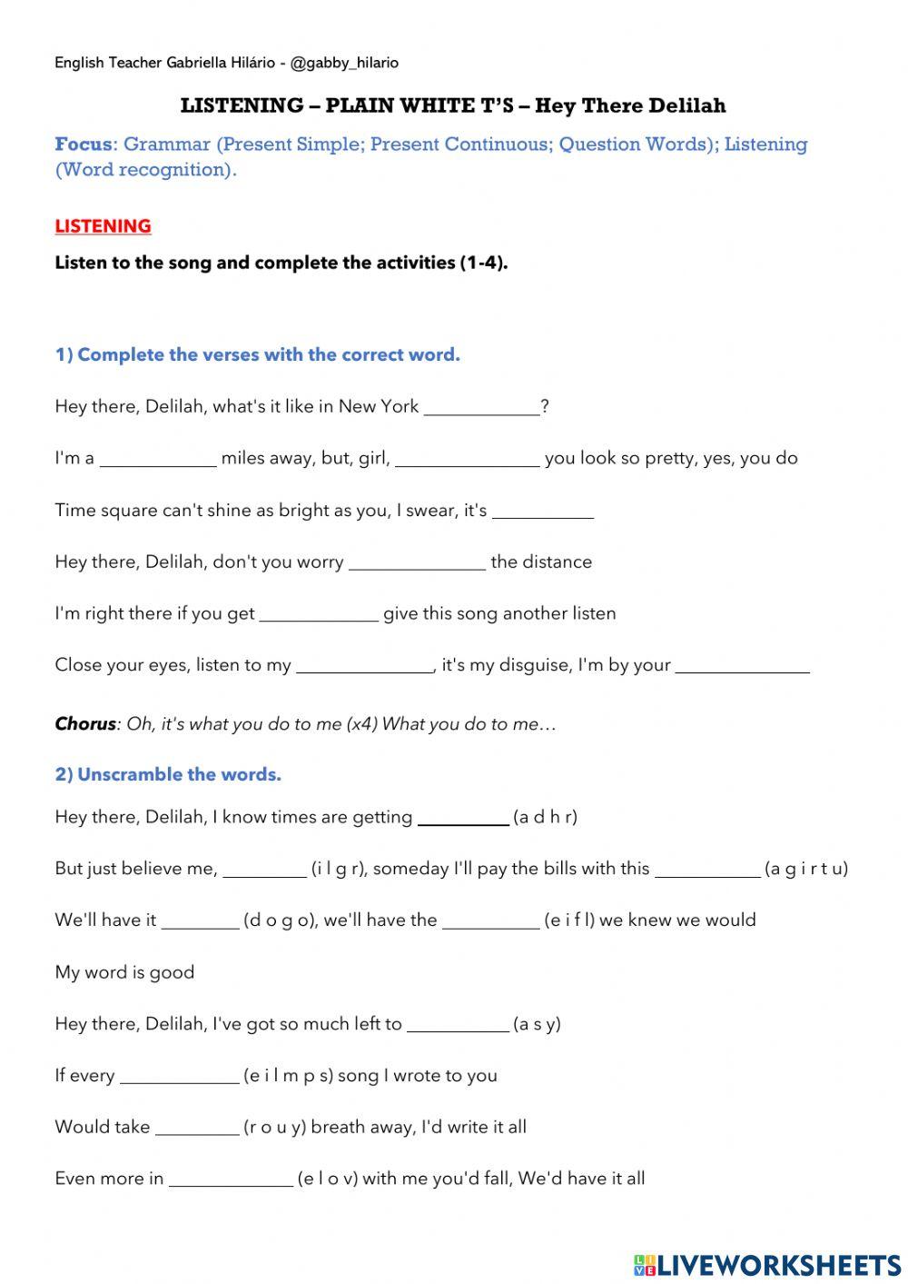 LISTENING – PLAIN WHITE T’S – Hey There Delilah