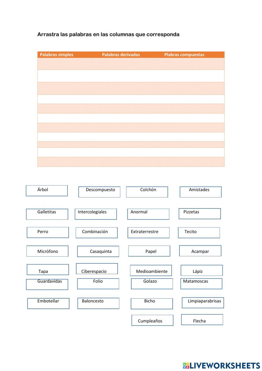 Palabras simples, derivadas y compuestas
