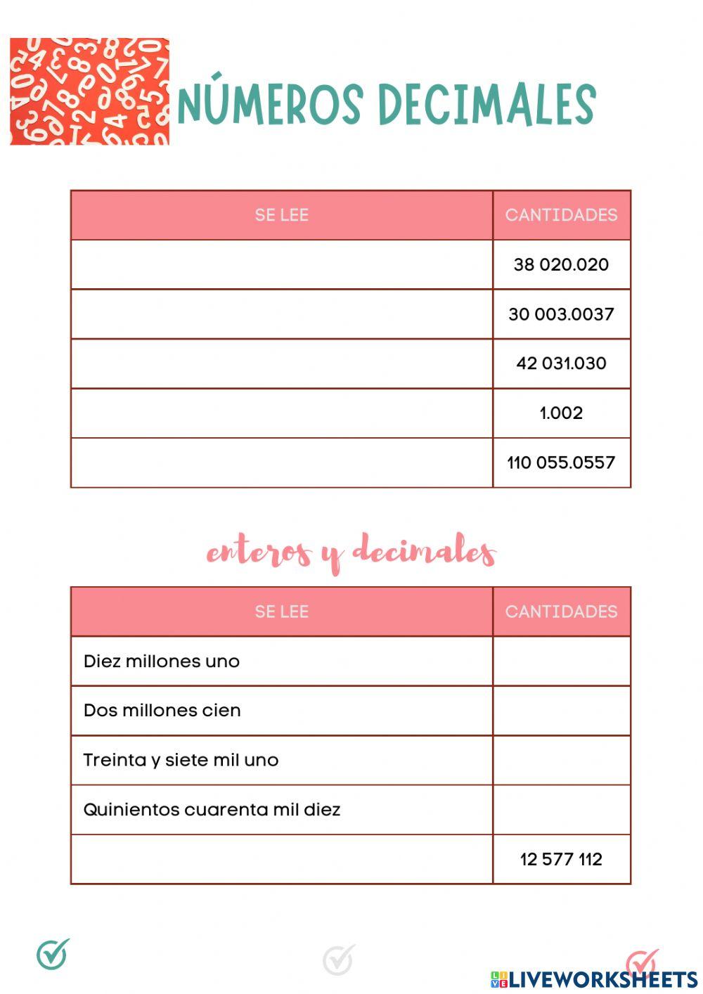 Lectura y escritura de números decimales