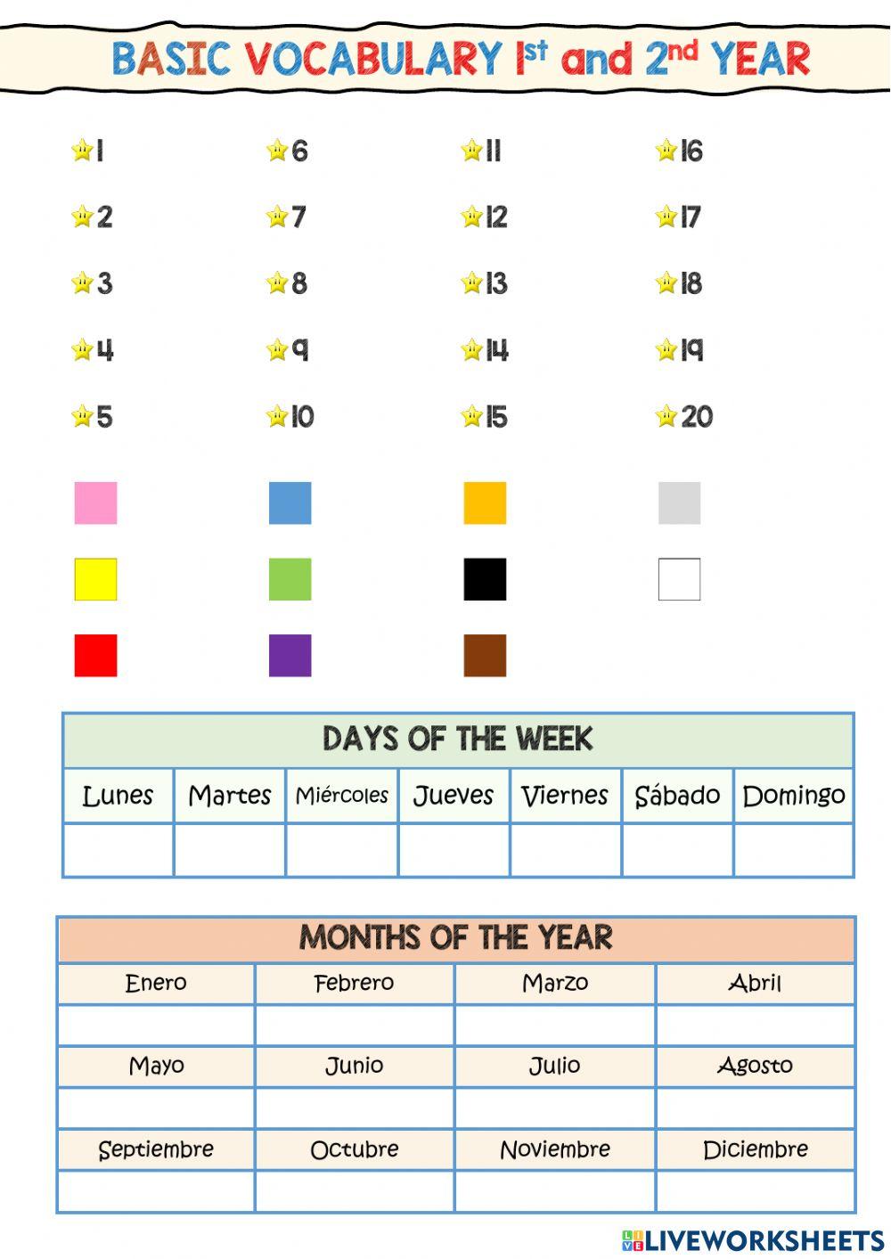 Numbers, colours, days of the week and months of the year