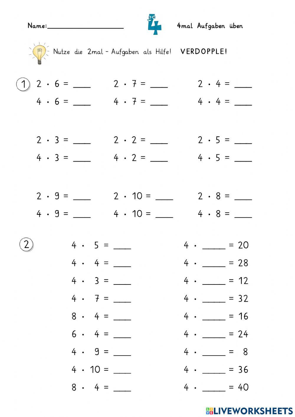 4mal Aufgaben mit Hilfe der 2mal Aufgaben üben