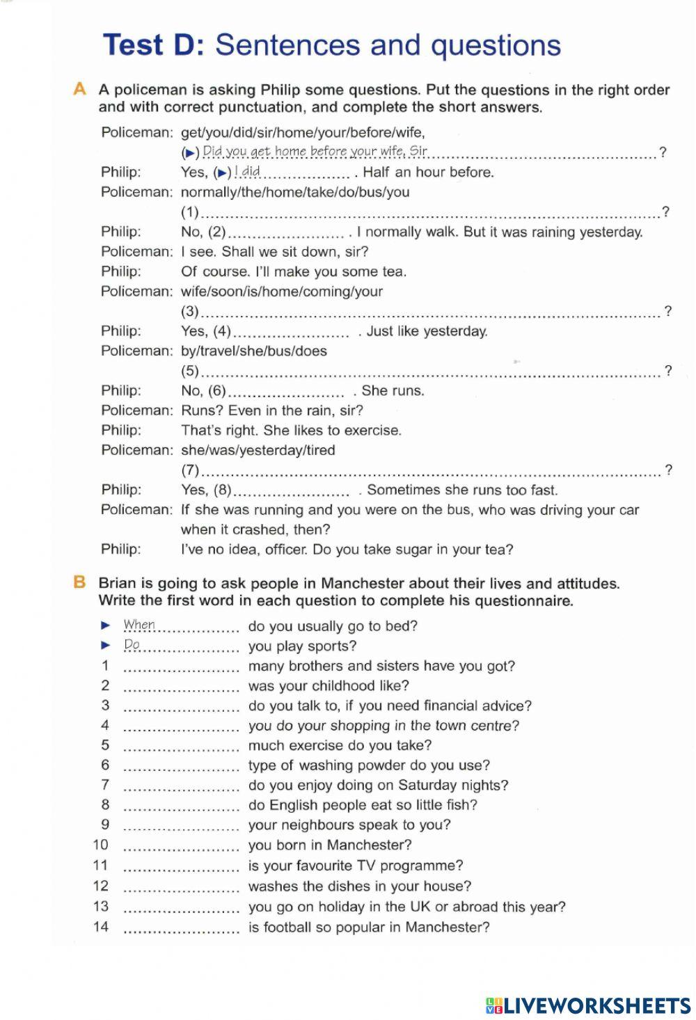 Basic Grammar test D (27-38) Sentences and Questions