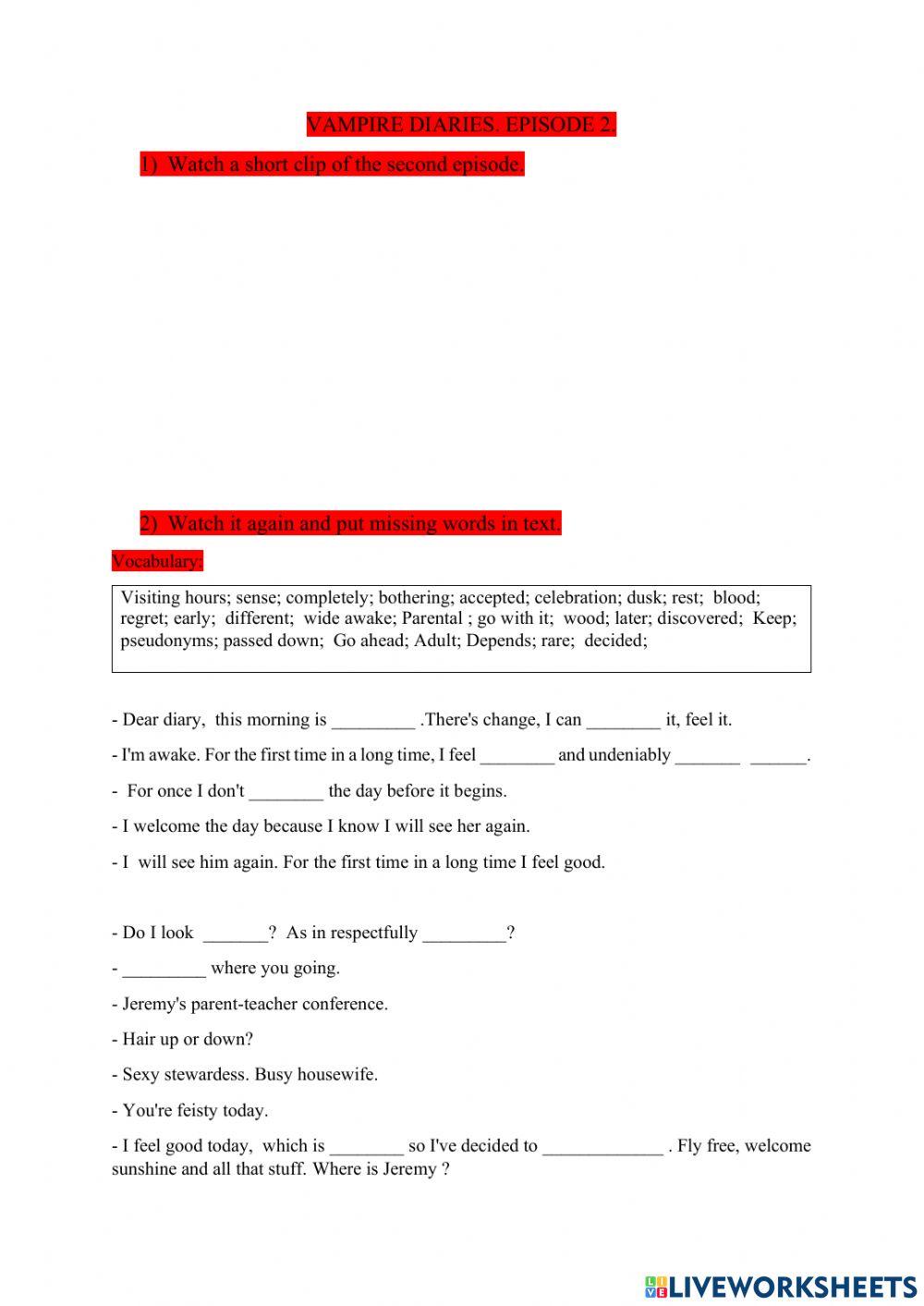Vampire diaries-episode 2 online exercise for | Live Worksheets