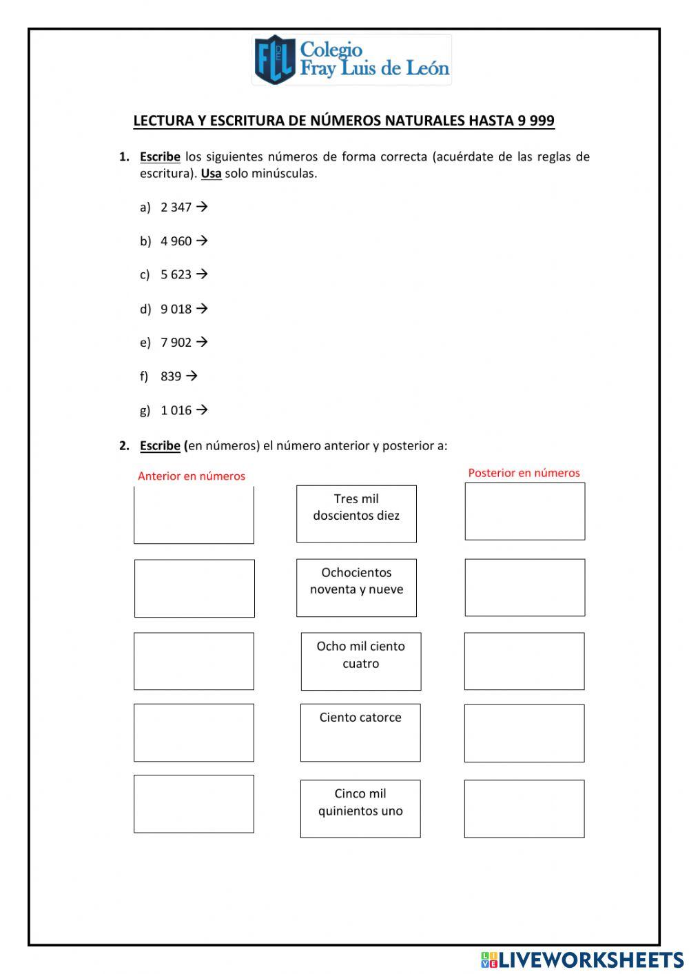Lectura y escritura de números naturales