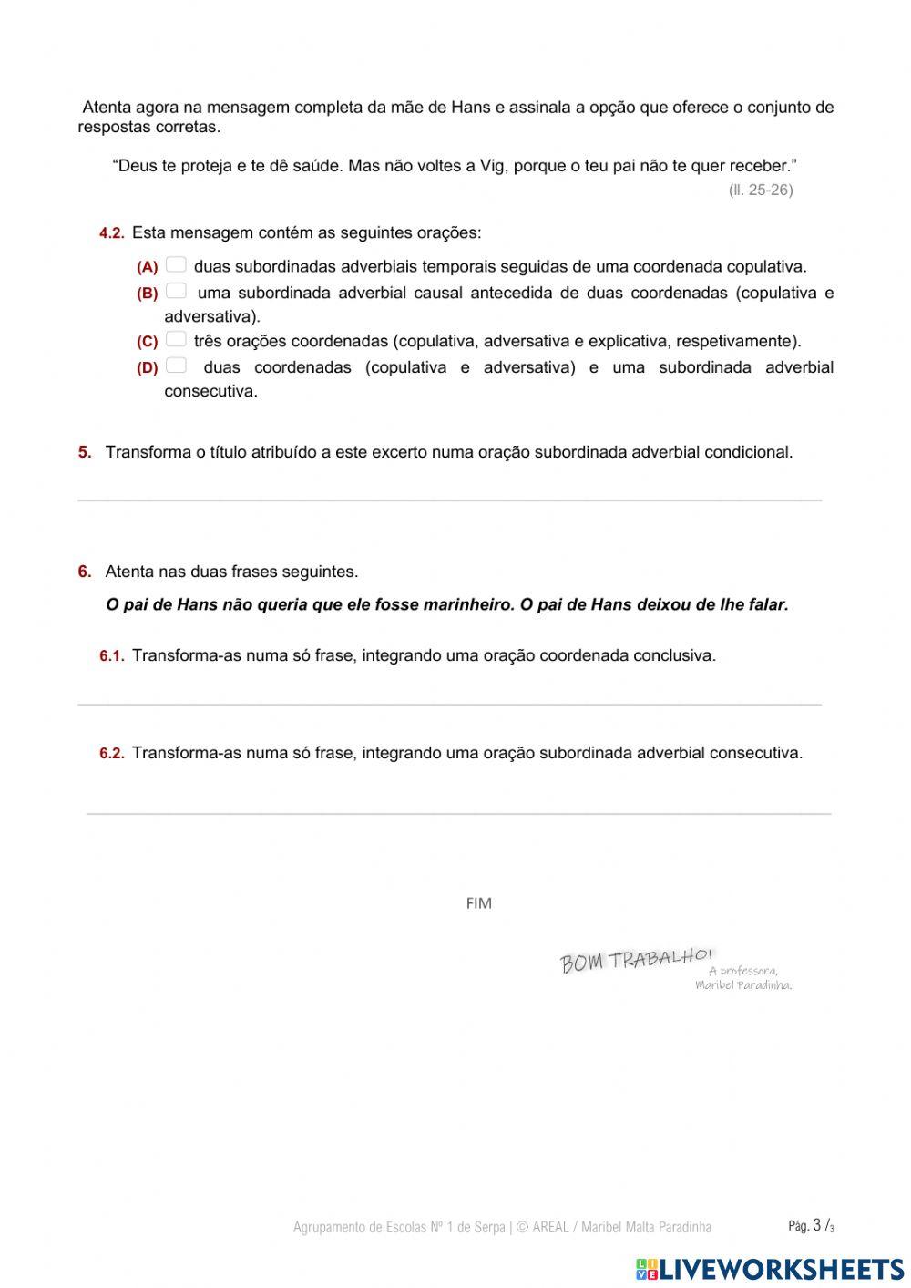 Miniteste - Orações Coordenadas e Subordinadas Adverbiais