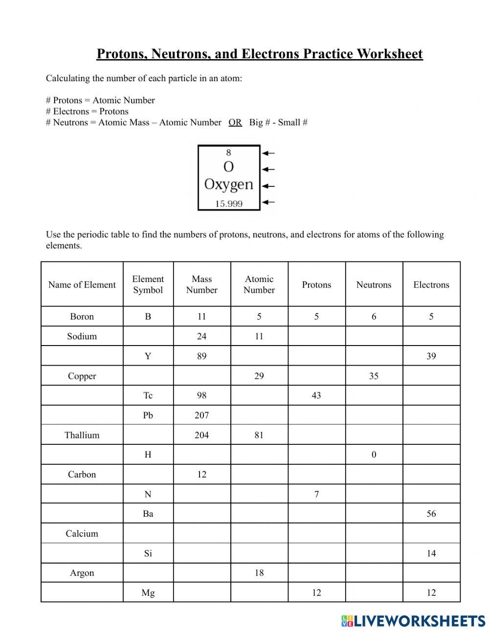 Calculate Protons, Neutrons, and Electrons online exercise for Live Worksheets