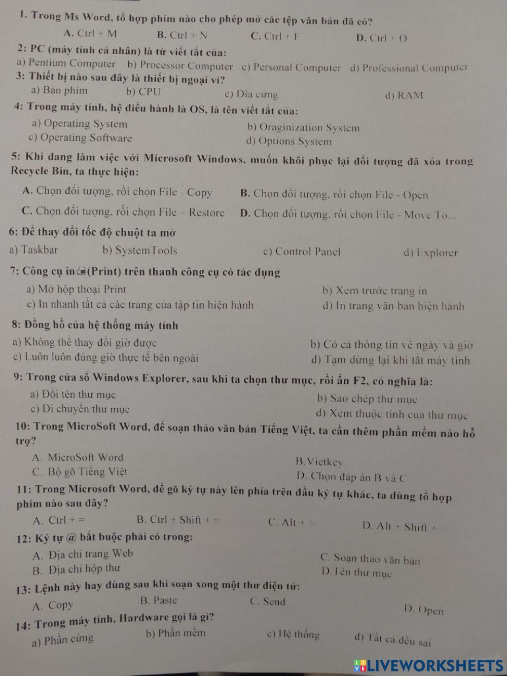 Ôn tập Cơ bản về máy tính