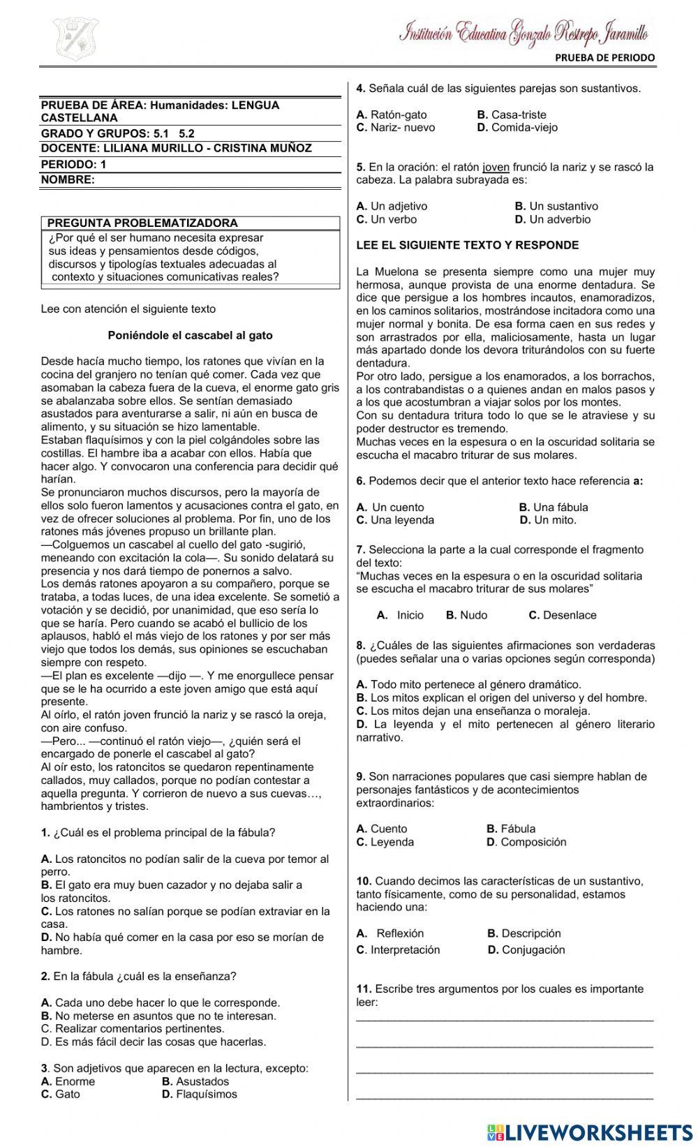 Prueba área de Humanidades-Lengua Castellana Per 1