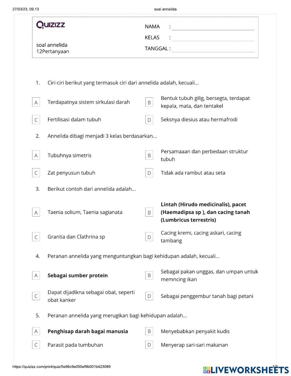 quiz annelida kelas 02 online exercise for | Live Worksheets