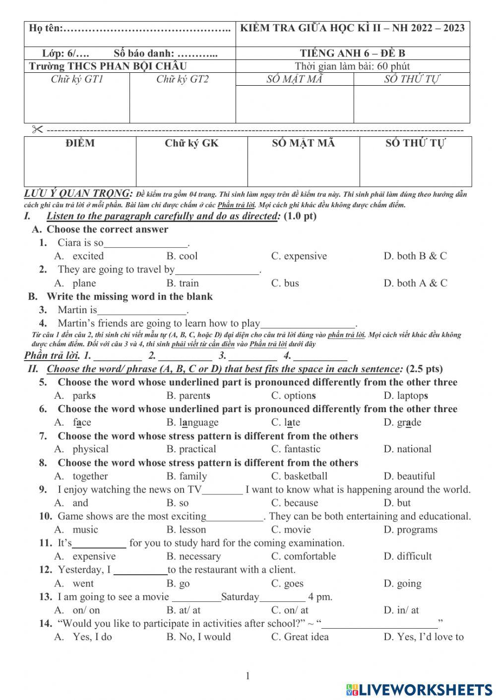 The second midterm test - grade 6 - Friends Plus