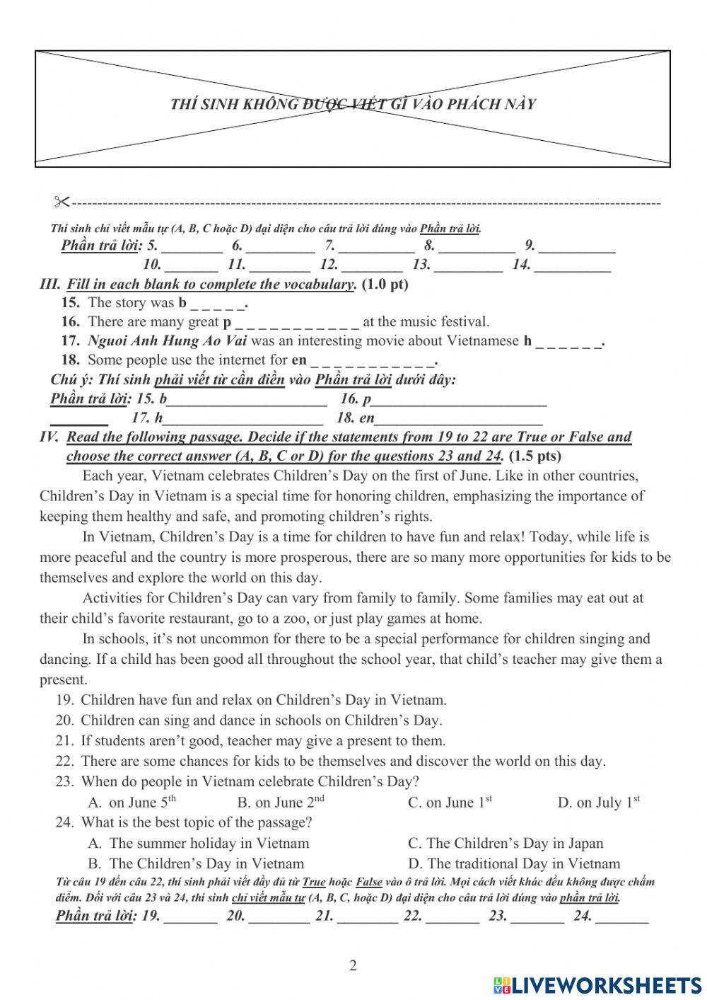 The second midterm test - grade 6 - Friends Plus