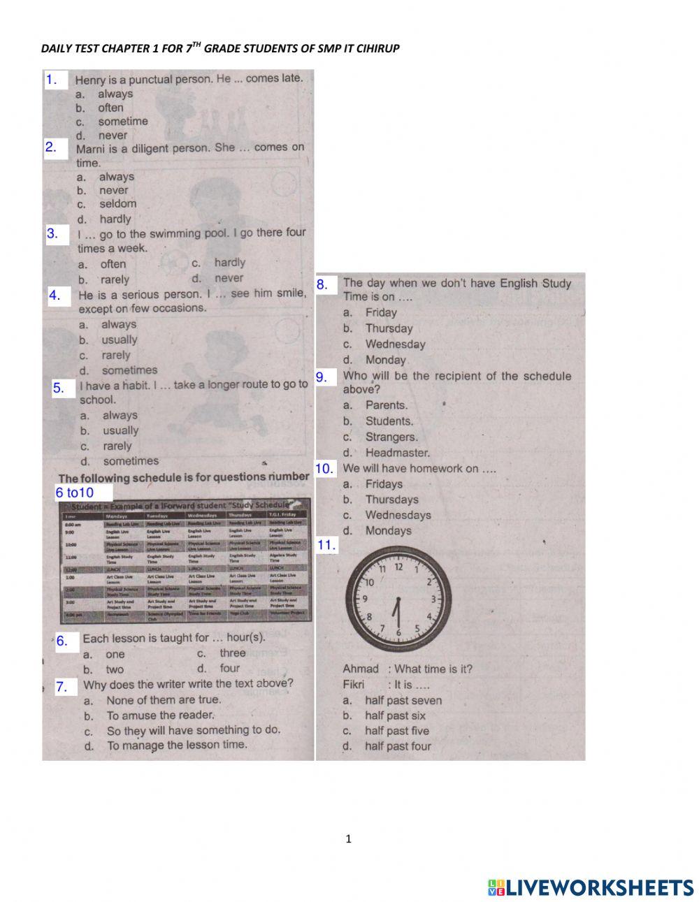 Ulangan Bahasa Inggris Bab 1 Kelas 7 SMPITC