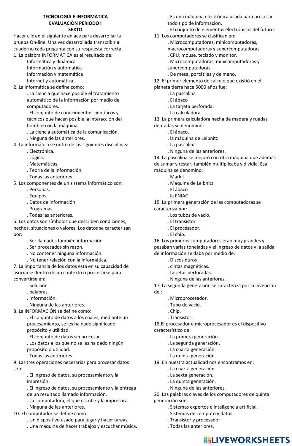 EVALUACION TECNOLOGIA E INFORMATICA PERIODO I SEXTO