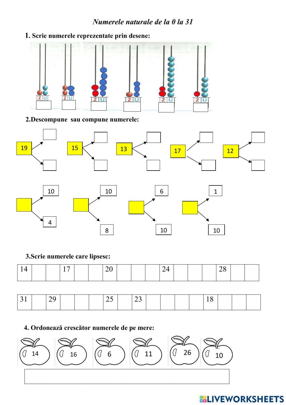 Numerele naturale de la 0 la 31