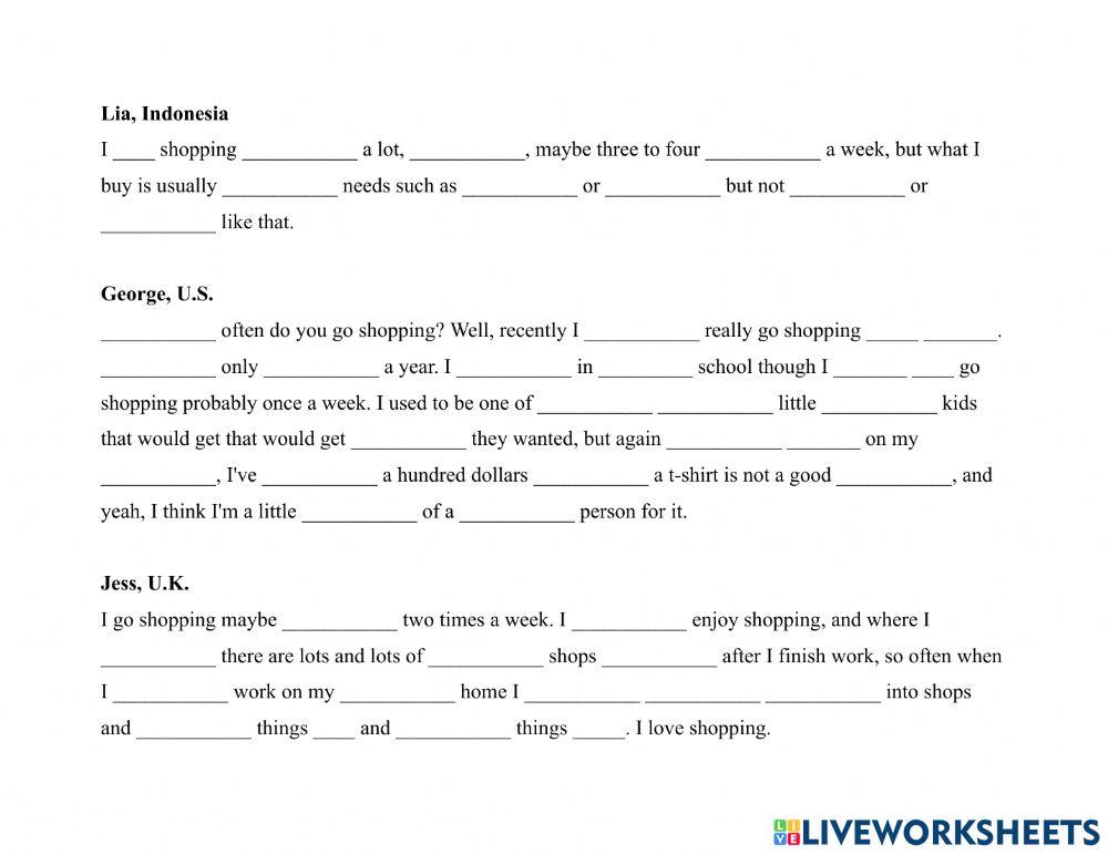 Shopping 1-6 ppl How Often Shop Dictation Exercise
