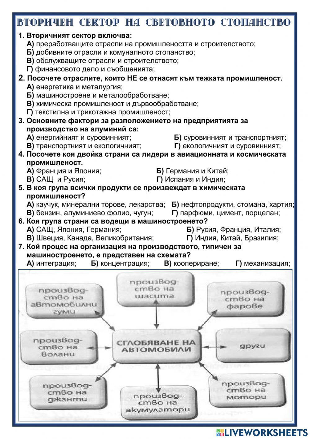 Вторичен сектор на световното стопанство worksheet | Live Worksheets