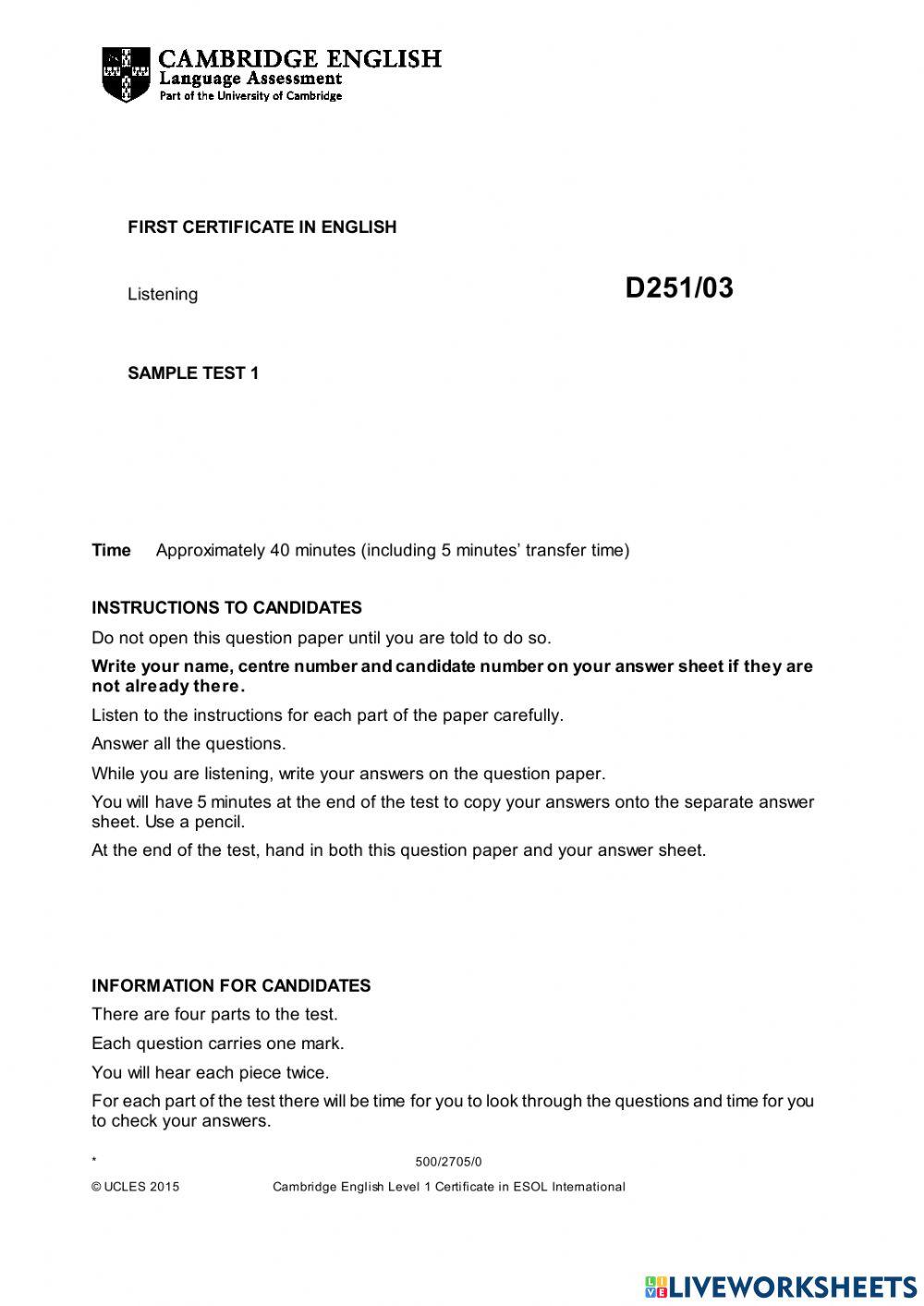 Listening First Certificate For Shools