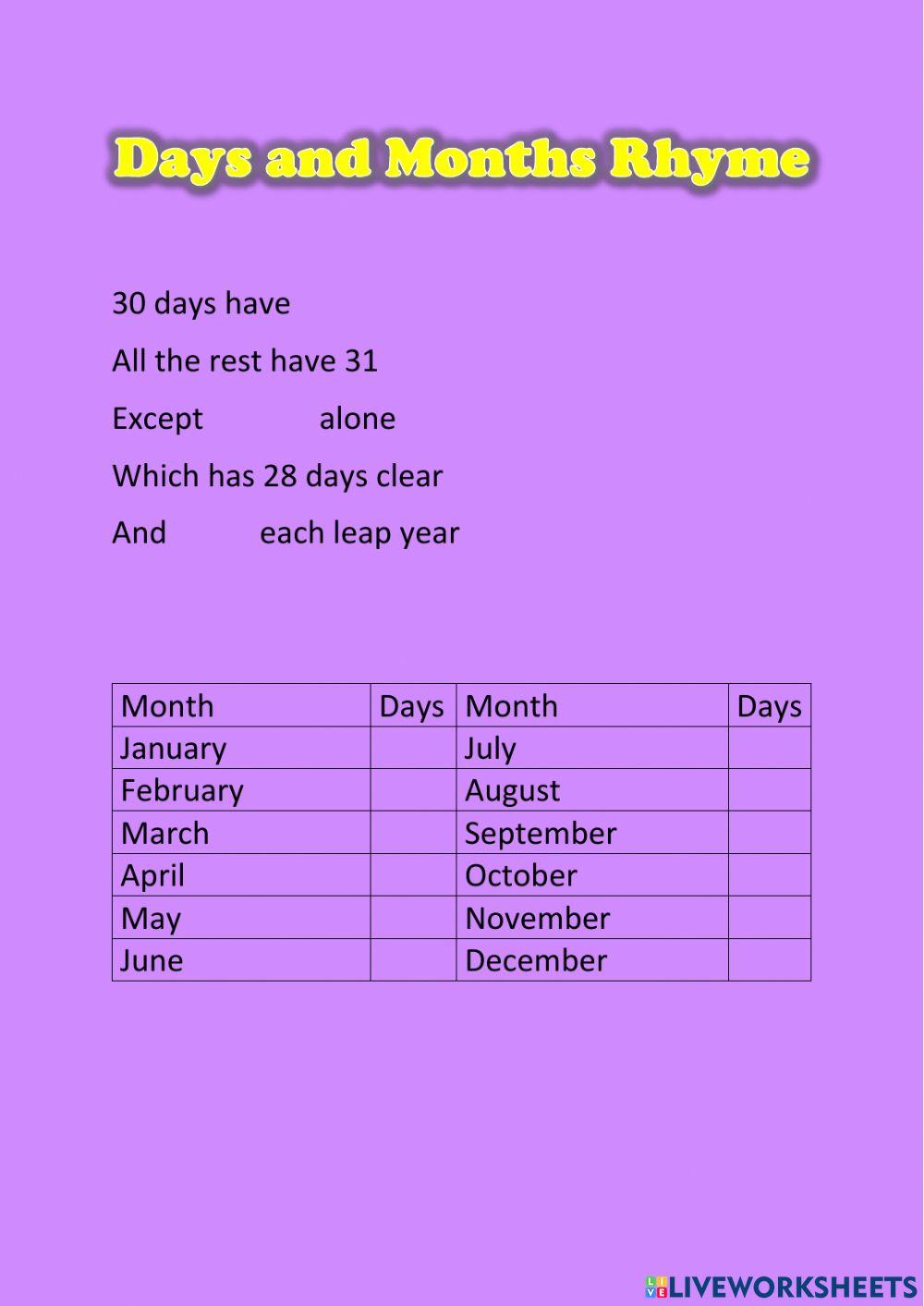 WW Days and Months worksheet Live Worksheets
