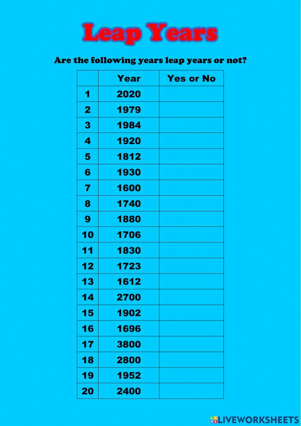 WW Leap Years worksheet Live Worksheets