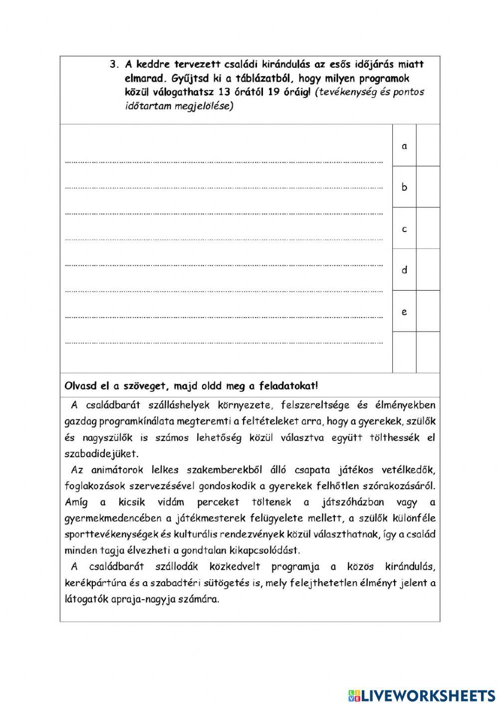 Szövegértés - családi pihenés