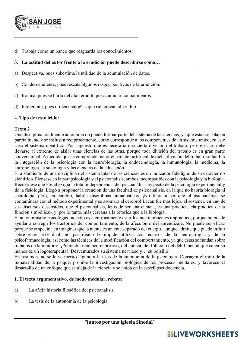 Comprensión de lectura cuarto