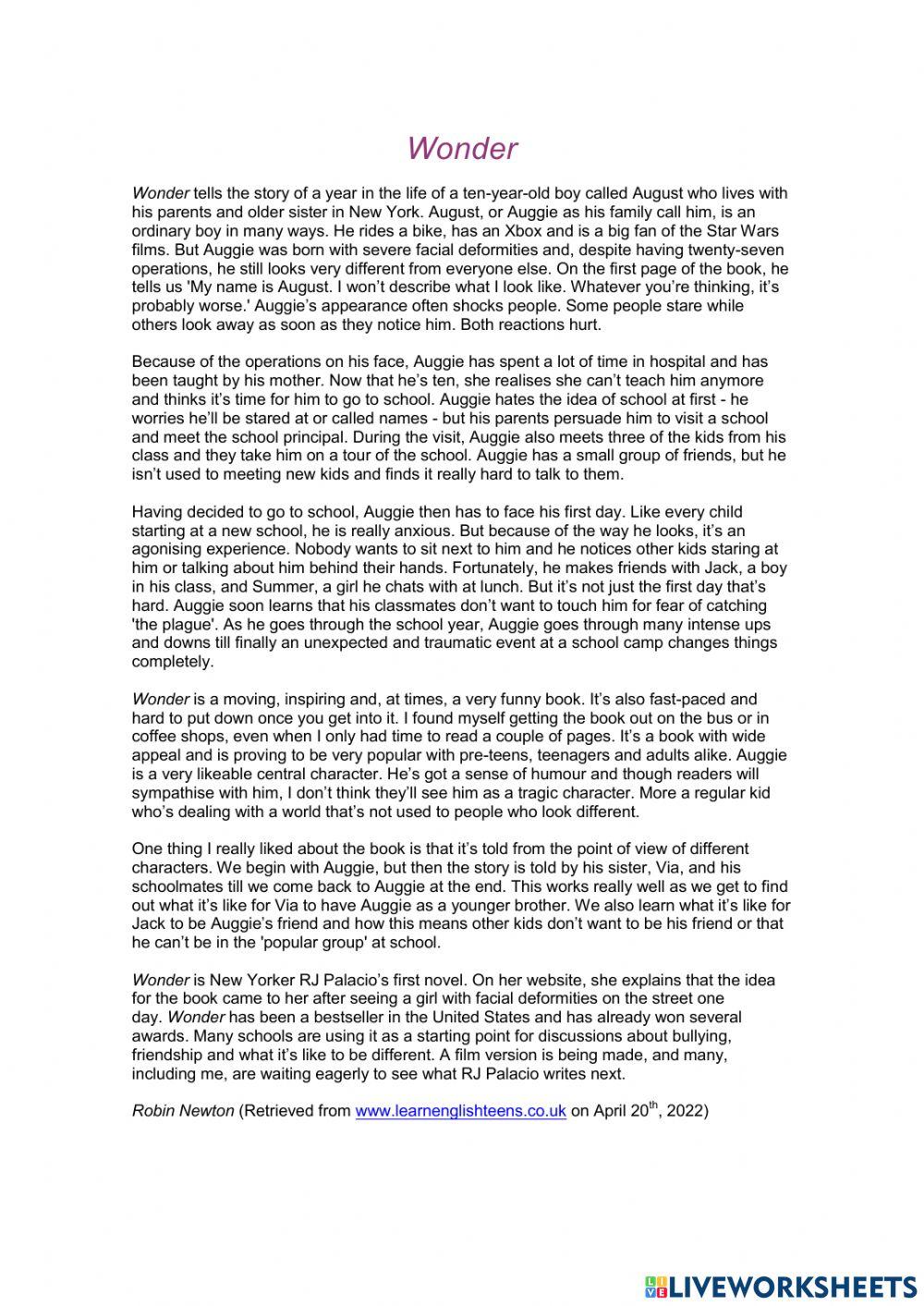 Reading Comprehension: Review Wonder