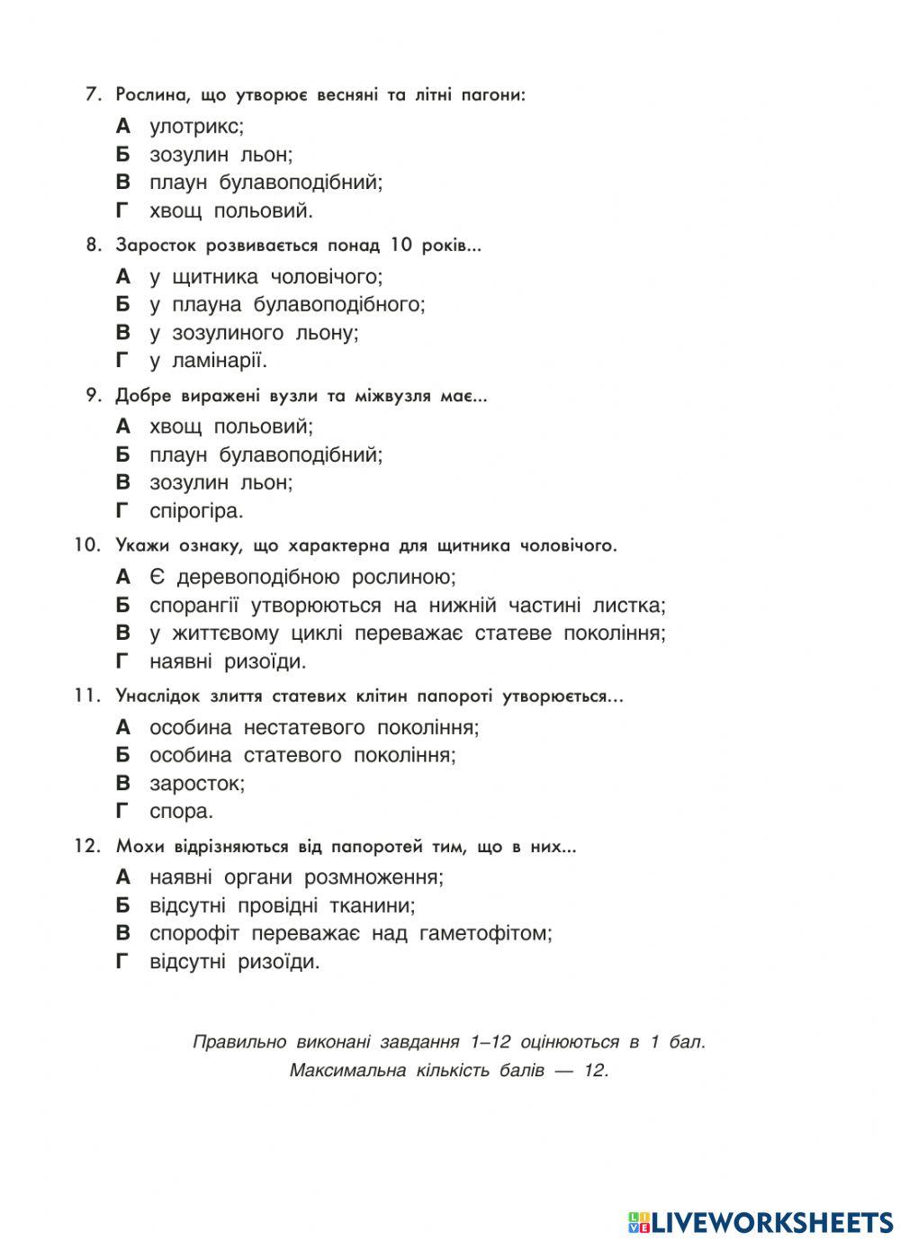 Самостійна робота- Вищі спорові рослини- інтелект 2 варіант
