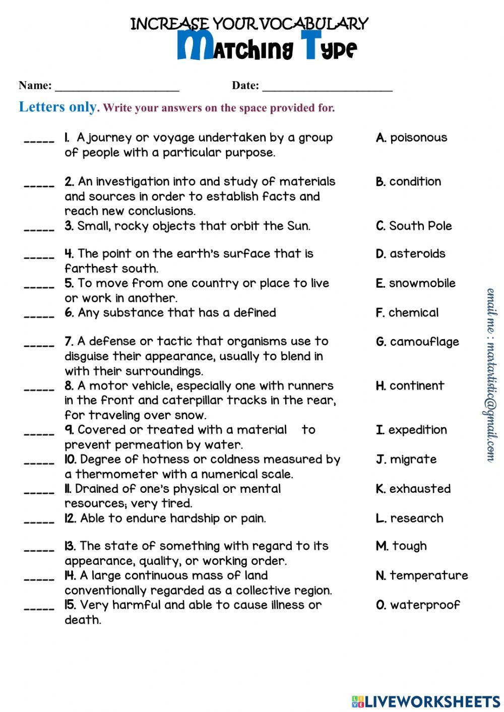 Pdf online exercise: Matching type | Live Worksheets